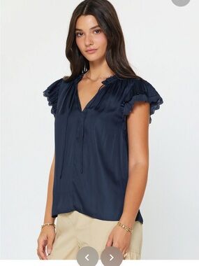 Catherine Malandrino Navy Ruffle Cap-Sleeve Tie-Front Blouse